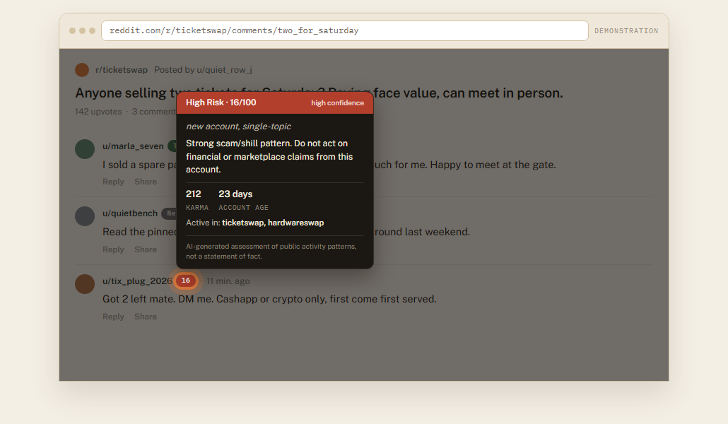 Vetall showing a High Risk verdict on a marketplace thread